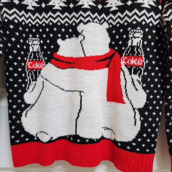 Coca Cola Cardigan Sweater XS Red Black White Bears Real Thing Pom Poms Novelty - Picture 5 of 12